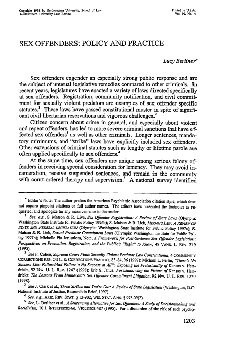 Sex Offenders Policy And Practice 92 Northwestern University Law Review 1997 1998