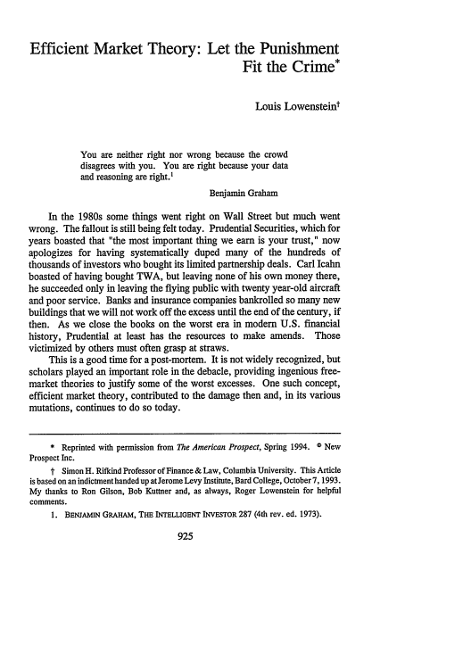 Efficient Market Theory: Let the Punishment Fit the Crime 51 Washington and Lee Law Review 1994