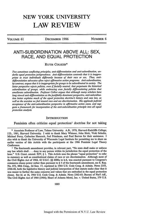 Anti Subordination Above All Sex Race And Equal Protection 61 New