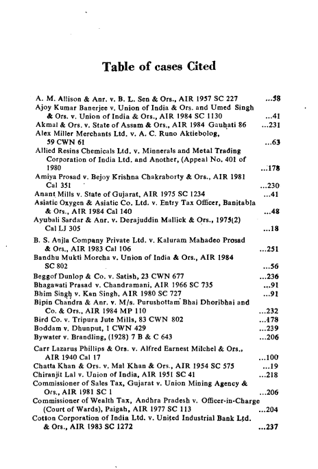 handle is hein.journals/calcut135 and id is 6 raw text is: 






Table of cases Cited


A. M. Allison & Anr. v. B. L. Sen & Ors., AIR 1957 SC 227  ,., 8
Ajoy Kumar Banerjee v. Union of India & Ors. and Umed Singh
    & Ors. v. Union of India & Ors., AIR 1984 SC 1130      ...41
 Akmal & Ors. v. State of Assam & Ors., AIR 1984 Gauhati 86  ...231
 Alex Miller Merchants Ltd. v. A. C. Runo Aktieb0log,
    59 CWN 61                                             ...63
 Allied Resins Chemicals Ltd. v. Minnerals and Metal Trading
    Corporation of India Ltd. and Another, (Appeal No. 401 of
    1980                                                 ...178
 Amiya Prosad v. Bejoy Krishna Chakraborty & Ors., AIR 1981
   Cal 351                                               ...230
 Anant Mills v. State of Gujarat, AIR 1975 SC 1234        ...41
 Asiatic Oxygen & Asiatic Co. Ltd. v. Entry Tax Officer, Banitabla
   & Ors., AIR 1984 Cal 140                               ...48
Ayubali Sardar & Anr. v. Derajuddin Mallick & Ors., 1975(2)
   Cal LJ 305                                             ... 18
B. S. Aujla Company Private Ltd. v. Kaluram Mahadeo Prosad
   & Ors., AIR 1983 Cal 106                              ...251
Bandhu Mukti Morcha v. Union of India & Ors., AIR 1984
   SC 802                                                 ...56
Beggof Dunlop & Co. v. Satish, 23 CWN 677                ...236
Bhagawati Prasad v. Chandramani, AIR 1966 SC 735
Bbim Singql v. Kan Singh, AIR 1980 SC 727                 ...91
Bipin Chandra & Anr. v. M/s. Purushottam Bhai Dhoribhai and
   Co. & Ors., AIR 1984 MP 110                           ...232
 Bird Co. v. Tripura Jute Mills, 83 CWN 802              ...178
 Boddam v. Dhunput, 1 CWN 429                            ...239
 Bywater v. Brandling, (1928) 7 B & C 643                ...206
 Carr Lazarus Phillips & Ors. v. Alfred Earnest Milchel & Ors.,
   AIR 1940 Cal 17                                       ...100
Chatta Khan & Ors. v. Mal Khan & Ors., AIR 1954 SC 575    ...19
Chiranjit Lai v. Union of India, AIR 1951 SC 41          ...218
Commissioner of Sales Tax, Gujarat v. Union Mining Agency &
   Ors., AIR 1981 SC 1                                   ... 206
Commissioner of Wealth Tax, Andhra Pradesh v. Officer-in-Charge
   (Court of Wards), Paigah, AIR 1977 SC 113             ...204
Cotton Corporation of India Ltd. v. United Industrial Bank Ltd.
   & Ors., AIR 1983 SC 1272                              ...237


