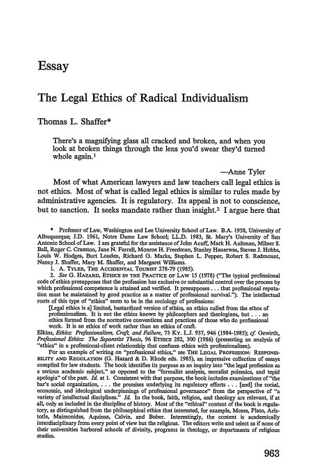 Legal Ethics Of Radical Individualism Essay 65 Texas Law
