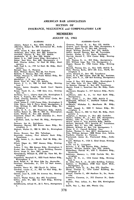 Members Roster of Members 1961 American Bar Association. Section of Insurance, Negligence and ...