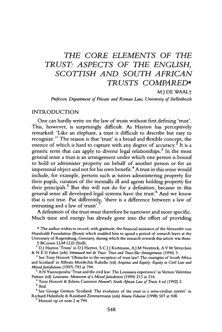 The Core Elements of the Trust: Aspects of the English, Scottish and South African Trusts ...
