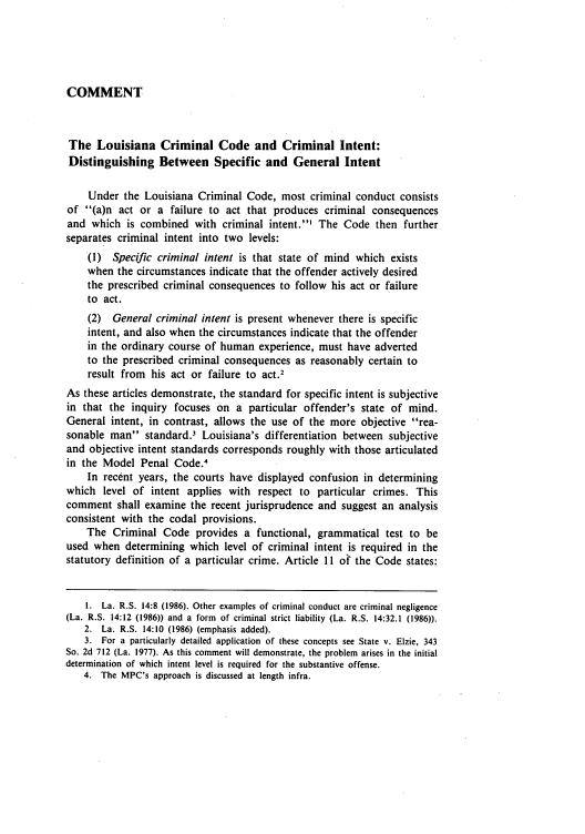 The Louisiana Criminal Code and Criminal Intent: Distinguishing between Specific and General ...