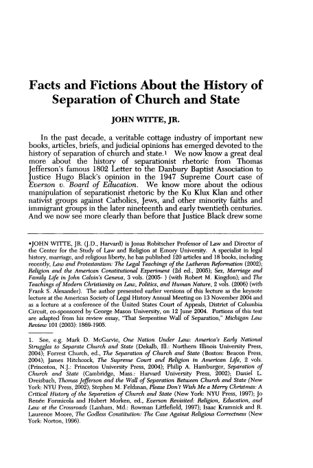 Facts And Fictions About The History Of Separation Of Church And State 48 Journal Of Church And