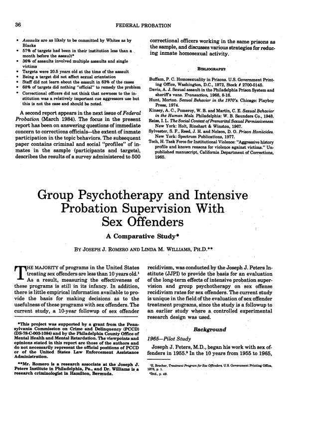 Group Psychotherapy And Intensive Probation Supervision With Sex Offenders 47 Federal Probation 1983