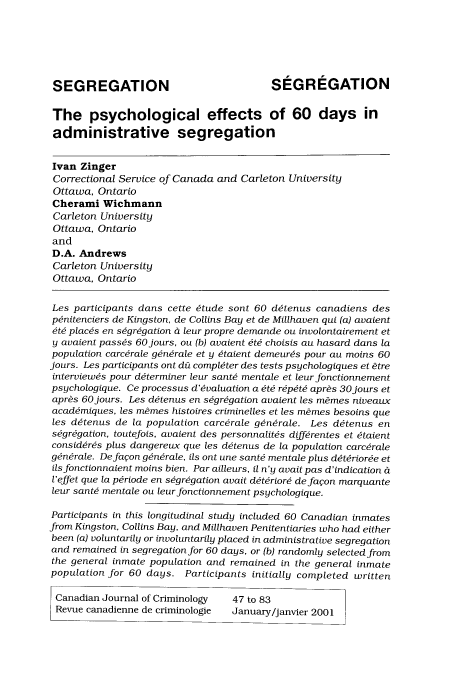 Administrative Segregation And Its Effect On The