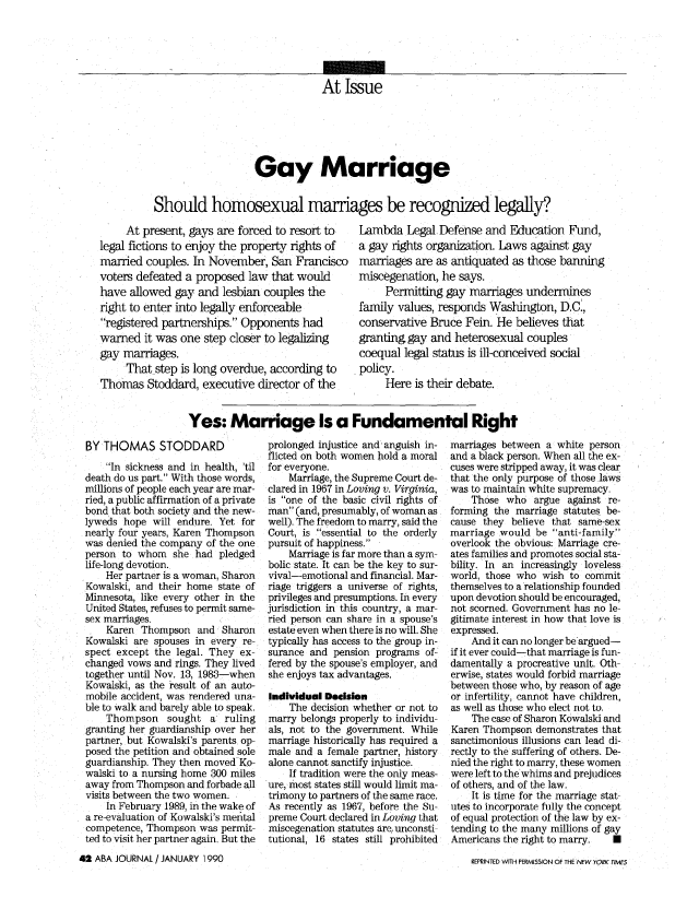 Gay Marriage Should Homosexual Marriages Be Recognized Legally At Issue 76 Aba Journal 1990
