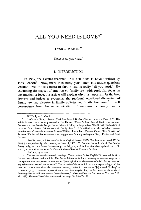 All You Need Is Love 14 Southern California Review Of Law And Women S Studies 2004 2005