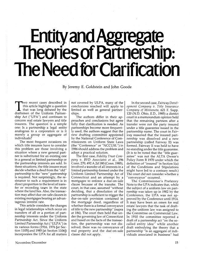 Entity and Aggregate Theories of Partnership: The Need for Clarification 1 Probate and Property 1987