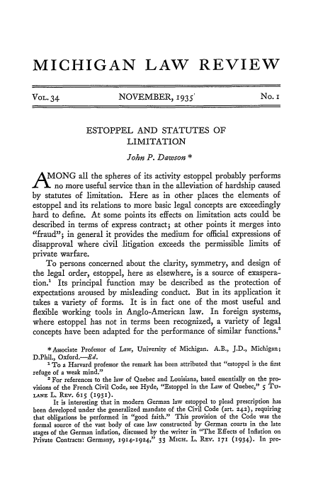 Estoppel and Statutes of Limitation 34 Michigan Law Review 1935-1936