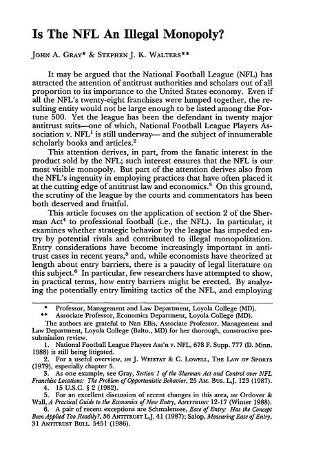 Is The Nfl An Illegal Monopoly 66 University Of Detroit Law Review 1988 1989