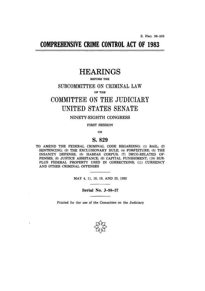 Comprehensive Crime Control Act Of 1983 Hearings Before The