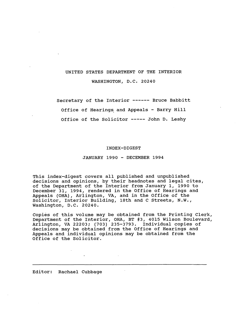Digest Of Decisions Of The Department Of The Interior In