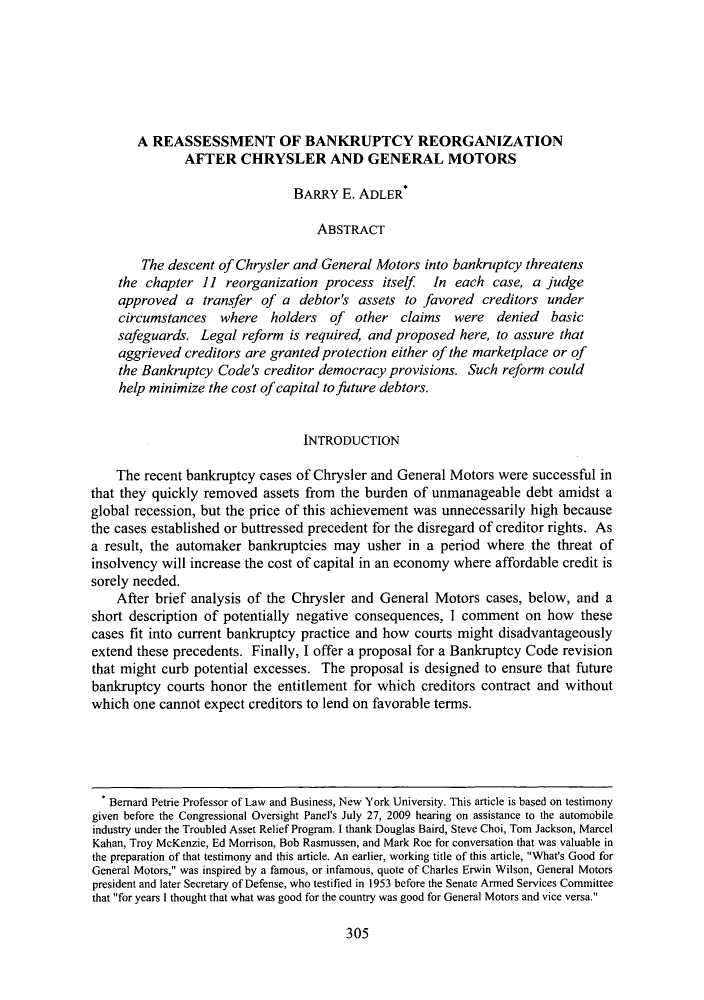 A Reassessment Of Bankruptcy Reorganization After Chrysler