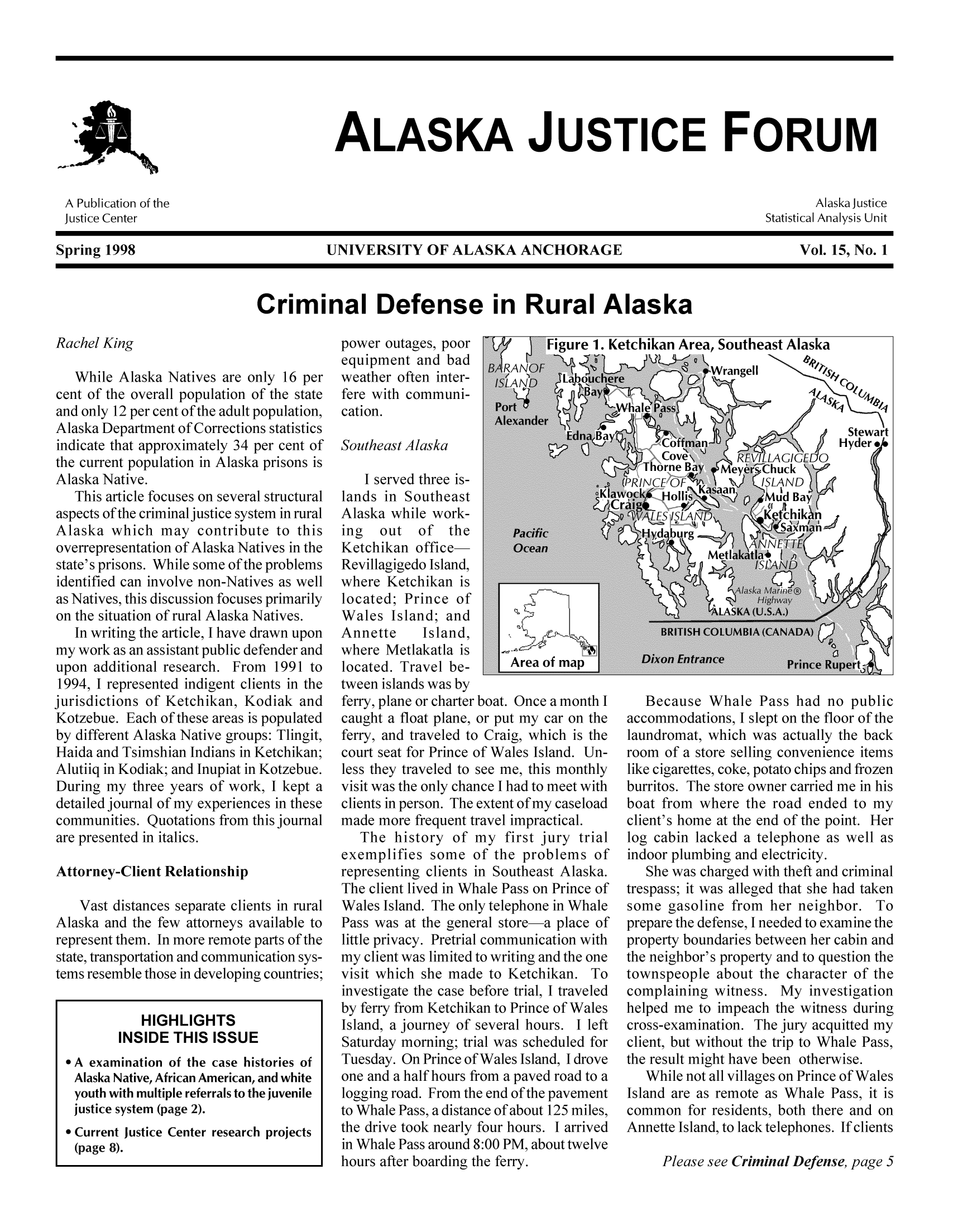 handle is hein.journals/aljufor15 and id is 1 raw text is: ALASKA JUSTICE FORUMA Publication of the                                                     Alaska JusticeJustice Center                                                      Statistical Analysis UnitSpring 1998               UNIVERSITY OF ALASKA ANCHORAGE                Vol. 15, No. 1Criminal Defense in Rural AlaskaRachel KingWhile Alaska Natives are only 16 percent of the overall population of the stateand only 12 per cent of the adult population,Alaska Department of Corrections statisticsindicate that approximately 34 per cent ofthe current population in Alaska prisons isAlaska Native.This article focuses on several structuralaspects of the criminal justice system in ruralAlaska which may contribute to thisoverrepresentation of Alaska Natives in thestate's prisons. While some of the problemsidentified can involve non-Natives as wellas Natives, this discussion focuses primarilyon the situation of rural Alaska Natives.In writing the article, I have drawn uponmy work as an assistant public defender andupon additional research. From 1991 to1994, I represented indigent clients in thejurisdictions of Ketchikan, Kodiak andKotzebue. Each of these areas is populatedby different Alaska Native groups: Tlingit,Haida and Tsimshian Indians in Ketchikan;Alutiiq in Kodiak; and Inupiat in Kotzebue.During my three years of work, I kept adetailed journal of my experiences in thesecommunities. Quotations from this journalare presented in italics.Attorney-Client RelationshipVast distances separate clients in ruralAlaska and the few attorneys available torepresent them. In more remote parts of thestate, transportation and communication sys-tems resemble those in developing countries;HIGHLIGHTSINSIDE THIS ISSUE* A examination of the case histories ofAlaska Native, African American, and whiteyouth with multiple referrals to the juvenilejustice system (page 2).* Current Justice Center research projects(page 8).power outages, poor          Figure 1. hequipment and bad   BARANOF Nweather often inter-   /I   tLabouchefere with communi-      1Baycation.AenrSoutheast AlaskaI served three is-lands in SoutheastAlaska while work-ing  out   of the       PacificKetchikan office-       OceanRevillagigedo Island,where Ketchikan islocated; Prince ofWales Island; andAnnette    Island,where Metlakatla islocated. Travel be-     Area of maptween islands was byferry, plane or charter boat. Once a month Icaught a float plane, or put my car on theferry, and traveled to Craig, which is thecourt seat for Prince of Wales Island. Un-less they traveled to see me, this monthlyvisit was the only chance I had to meet withclients in person. The extent of my caseloadmade more frequent travel impractical.The history of my first jury trialexemplifies some of the problems ofrepresenting clients in Southeast Alaska.The client lived in Whale Pass on Prince ofWales Island. The only telephone in WhalePass was at the general store-a place oflittle privacy. Pretrial communication withmy client was limited to writing and the onevisit which she made to Ketchikan. Toinvestigate the case before trial, I traveledby ferry from Ketchikan to Prince of WalesIsland, a journey of several hours. I leftSaturday morning; trial was scheduled forTuesday. On Prince of Wales Island, I droveone and a half hours from a paved road to alogging road. From the end of the pavementto Whale Pass, a distance of about 125 miles,the drive took nearly four hours. I arrivedin Whale Pass around 8:00 PM, about twelvehours after boarding the ferry.Because Whale Pass had no publicaccommodations, I slept on the floor of thelaundromat, which was actually the backroom of a store selling convenience itemslike cigarettes, coke, potato chips and frozenburritos. The store owner carried me in hisboat from where the road ended to myclient's home at the end of the point. Herlog cabin lacked a telephone as well asindoor plumbing and electricity.She was charged with theft and criminaltrespass; it was alleged that she had takensome gasoline from her neighbor. Toprepare the defense, I needed to examine theproperty boundaries between her cabin andthe neighbor's property and to question thetownspeople about the character of thecomplaining witness. My investigationhelped me to impeach the witness duringcross-examination. The jury acquitted myclient, but without the trip to Whale Pass,the result might have been otherwise.While not all villages on Prince of WalesIsland are as remote as Whale Pass, it iscommon for residents, both there and onAnnette Island, to lack telephones. If clientsPlease see Criminal Defense, page 5