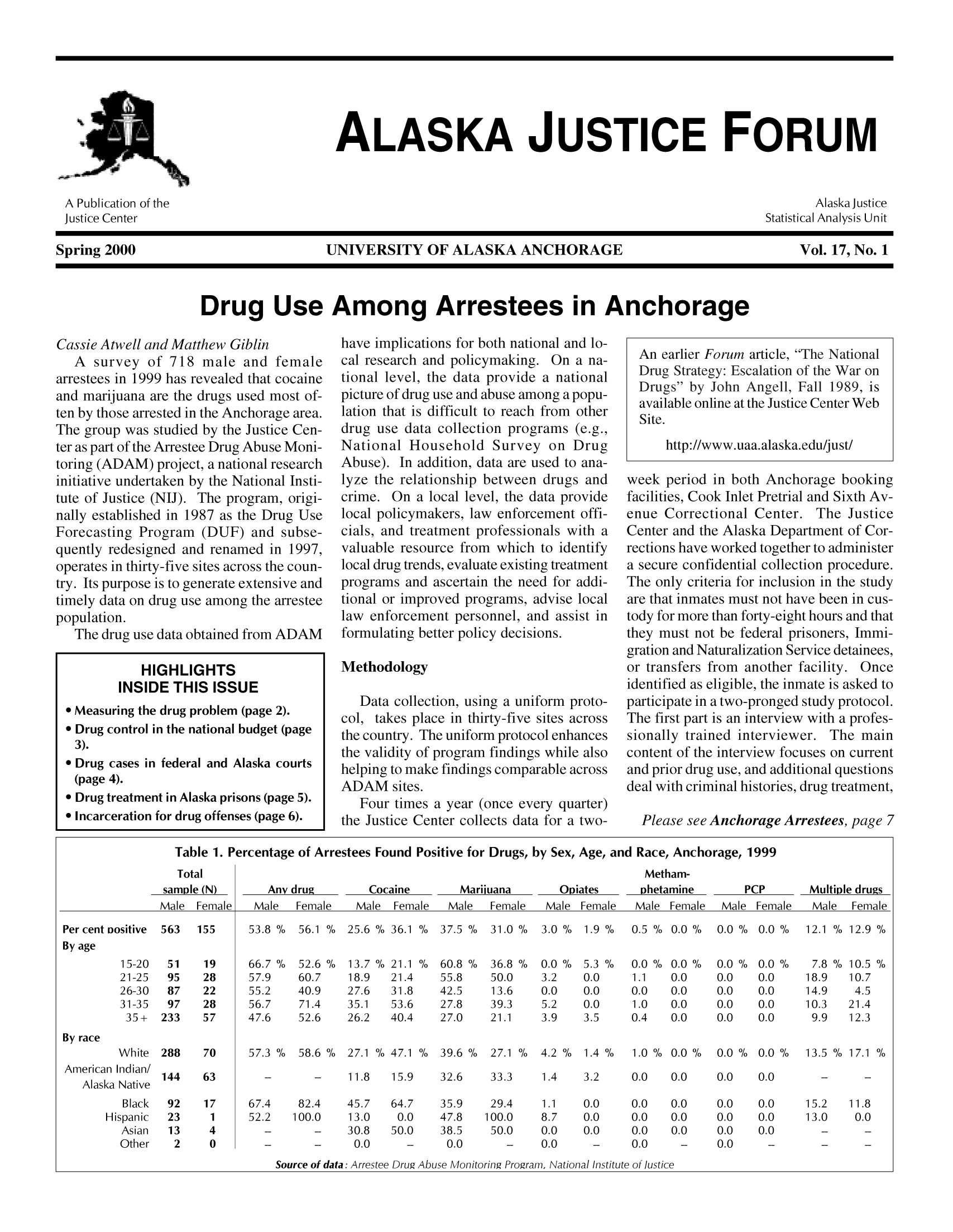 handle is hein.journals/aljufor17 and id is 1 raw text is: ALASKA JUSTICE FORUMA Publication of the                                                                                         Alaska JusticeJustice Center                                                                                        Statistical Analysis UnitSpring 2000                            UNIVERSITY OF ALASKA ANCHORAGE                                       Vol. 17, No. 1Drug Use Among Arrestees in AnchorageCassie Atwell and Matthew Giblin         have implications for both national and lo-A survey of 718 male and female        cal research and policymaking. On a na-    An earlier Forum article, o   Natioalarrestees in 1999 has revealed that cocaine  tional level, the data provide a national  Drug Strategyh Escalatiol, of th War oand marijuana are the drugs used most of-  picture of drug use and abuse among a popu- available online at the Justice Center Webten by those arrested in the Anchorage area.  lation that is difficult to reach from other  Site.The group was studied by the Justice Cen-  drug use data collection programs (e.g.,ter as part of the Arrestee Drug Abuse Moni-  National Household Survey on Drug          http://www.uaa.alaska.edu/just/toring (ADAM) project, a national research  Abuse). In addition, data are used to ana-initiative undertaken by the National Insti-  lyze the relationship between drugs and  week period in both Anchorage bookingtute of Justice (NIJ). The program, origi-  crime. On a local level, the data provide  facilities, Cook Inlet Pretrial and Sixth Av-nally established in 1987 as the Drug Use  local policymakers, law enforcement offi-  enue Correctional Center. The JusticeForecasting Program (DUF) and subse-     cials, and treatment professionals with a  Center and the Alaska Department of Cor-quently redesigned and renamed in 1997,  valuable resource from which to identify  rections have worked together to administeroperates in thirty-five sites across the coun-  local drug trends, evaluate existing treatment  a secure confidential collection procedure.try. Its purpose is to generate extensive and  programs and ascertain the need for addi-  The only criteria for inclusion in the studytimely data on drug use among the arrestee  tional or improved programs, advise local  are that inmates must not have been in cus-population.                              law enforcement personnel, and assist in  tody for more than forty-eight hours and thatThe drug use data obtained from ADAM   formulating better policy decisions.     they must not be federal prisoners, Immi-gration and Naturalization Service detainees,HIGHLIGHTS                   Methodology                               or transfers from another facility. OnceINSIDE THIS ISSUE                                                         identified as eligible, the inmate is asked toData collection, using a uniform proto-  participate in a two-pronged study protocol.* Measuring the drug problem (page 2).  col, takes place in thirty-five sites across  The first part is an interview with a profes-* Drug control in the national budget (page  the country. The uniform protocol enhances  sionally trained interviewer. The main3).                                   the validity of program findings while also  content of the interview focuses on current* Drug cases in federal and Alaska courts  helping to make findings comparable across  and prior drug use, and additional questions(page 4).                              ADAM sites.                              deal with criminal histories, drug treatment,* Drug treatment in Alaska prisons (page 5).  Four times a year (once every quarter)* Incarceration for drug offenses (page 6).  the Justice Center collects data for a two-  Please see Anchorage Arrestees, page 7Table 1. Percentage of Arrestees Found Positive for Drugs, by Sex, Age, and Race, Anchorage, 1999Total                                                               Metham-samDle (N)     Any drug       Cocaine      Mariiuana      Oviates    Dhetamine      PCP       Multivle drugsMale Female   Male  Female  Male Female   Male  Female  Male Female  Male Female  Male Female  Male FemalePer cent Dositive  563  155  53.8 0/  56.1%0  25.6  0/ 36.1%0  37.5 0/  31.0 0/  3.0 0/  1.9 0/  0.5 0/  0.0 0/  0.0 0/  0.0 0/  12.1%0  12.9 0/By age15-20  51   19     66.70/  52.6  0/  13.70/  21.1  0/  60.8  0/  36.8  0/  0.0  0/  5.3 0/  0.0  0/  0.00/  0.0  0/  0.0  0/  7.8  0/  10.5  0/21-25  95   28     57.9   60.7   18.9  21.4   55.8    50.0   3.2   0.0    1.1   0.0    0.0   0.0   18.9   10.726-30  87   22     55.2   40.9   27.6  31.8   42.5    13.6   0.0   0.0    0.0   0.0    0.0   0.0   14.9    4.531-35  97   28     56.7   71.4   35.1  53.6   27.8    39.3   5.2   0.0    1.0   0.0    0.0   0.0   10.3   21.435±  233   57     47.6   52.6   26.2  40.4    27.0   21.1   3.9   3.5    0.4   0.0    0.0   0.0     9.9  12.3By raceWhite  288  70     57.3 0/  58.6 0/  27.1%0  47.1%0  39.6  0/  27.1%0  4.2 0/  1.4 0/  1.0 0/  0.0 0/  0.0 0/  0.0 0/  13.5 0/  17.1%0American Indian!AakNaie144     63       ..     .    11 .8  15.9  32.6   33.3    1 .4  3.2    0.0   0.0   0.0   0.0Black   92    17     67.4     82.4    45.7   64.7    35.9     29.4    1.1    0.0     0.0    0.0     0.0    0.0     15.2   11.8Hispanic  23      1     52.2   100.0     13.0    0.0    47.8    100.0    8.7    0.0     0.0    0.0     0.0    0.0     13.0    0.0Asian   13     4        ..       ..   30.8   50.0     38.5    50.0    0.0     0.0     0.0   0.0     0.0    0.0       ..      ..Other    2     0                       0.0      --     0.0      --     0.0     --     0.0     --    0.0      ..       .Source of data: Arrestee Drug Abuse Monitoring Program, National Institute of lustice