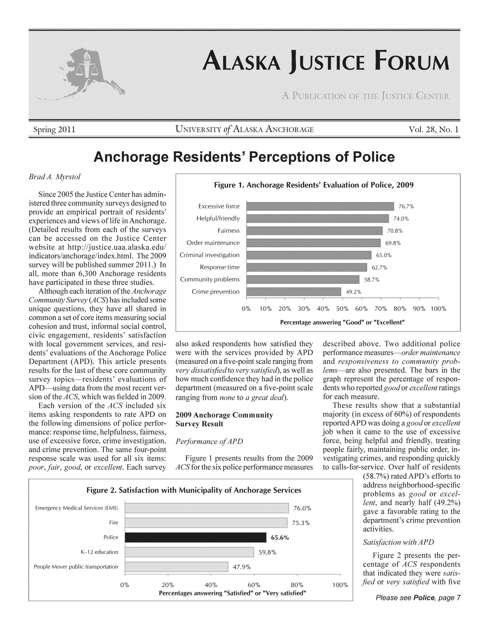 handle is hein.journals/aljufor28 and id is 1 raw text is: UNIVERSITY0fALASKAANCHORAGEAnchorage Residents' Perceptions of PoliceFigure 1. Anchorage Residents' Evaluation of Police,npirical portrait ofid views of life inA)0 or :xcel-rvices providedve-point scale rang-o very satisfied),a[ence they had in tlsured on a five-po7e to a great deal]Communityice perforrAnchorajnanlp Sc-p         rPD  performanfg from  and respowell as  lemsiare,police  graph reprit scale  dents whofor each mreportedAj ob whenforce, beipeople faivestigatinoto calls-fcpr(58.adprotof resp(ss of 60%) of respond,s doing a good or excee to the use of exces)ful and friendly, trea,ntaining public orders, and responding quiice. Over half of resid7%) rated APD's effor-ess neighborhood- spe,)lems as good or exand nearly half (49.ia favorable rating tcirment's crime preyerpee 2 presents t]of ACS respccared they werery satisfied wse see Police,SprinSince 2005provexpe(Dettp:hopupath.0009Immhorathreeof th,atioitcs)eyIiterrrfoniring socialS' satisfaprLs fcfy--U:e folance:;e of,d crisport:Dpicsinge Aver,cingxinjspoe prdata fr('S, whiiion ofrespondimenrse tim,ive forcofer-A9lice perf5s , faimcestigatiifour-podeparrangit2009SumA CSilts to ras of PClpfulnerime in4e sam,I for alfrom nnehorag, ResultFigure 2. SiFigure I presi'S or the six ptunicipalitv o