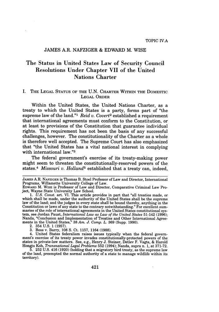 The Status In United States Law Of Security Council Resolutions