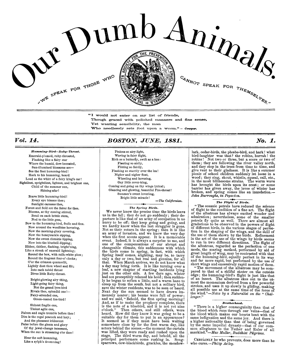handle is hein.journals/animals14 and id is 1 raw text is: ~p~.b                                          I  would   not   enter  on  my   list of  friends,                                          Though graced with polished manners and fine sense,                                          Yet wanting sensibility, the man                                          TVho needlessly sets foot upon a worm. - Cowper.Vol. 14.                                            BOSTON, JUNE, 1881.                                                                  No. 1.      Hurmmng-Bird-Ruby-Throat.      Emerald-plum~d, ruby-throated,      Flashing like a fairy star      Where the humid, dew-becoated,      Sun-illumined blossoms are-      See the fleet humming-bird!      Hark to his humming, heard   Loud as the whirr of a fairy king's car!Sightliest, sprightliest, lightest, and brighest one,       Child of the summer sun,            Shining afar!     Brave little humming-bird!       Every eye blesses thee;       Sunlight caresses thee,   Forest and field are the fairer for thee.     Blooms, at thy coming stirred,       Bend on each brittle stem,       Nod to the little gem,   Bow to the humming-bird, frolic and free.     Now around the woodbine hovering,     Now the morning-glory covering,     Now the honeysuckle sipping,     Now the sweet clemitis tipping,     Now into the bluebell dipping;   Hither, thither, flashing, bright'ning,   Like a streak of emerald lightning;     Round the box, with milk-white plox;     Round the fragrant four-o'-clocks;     O'er the crimson quamoclit,     Lightly dost thou wheel and flit;     Into each tub~d throat     Dives little Ruby-throat.     Bright-glowing airy thing,     Light-going fairy thing,        Not the grand lyre-bird      Rivals thee, splendid one!-      Fairy-attended one,        Green-coated fire-bird!      Shinest fragile one,      Tiniest agile one, Falcon and eagle tremble before thee! Dim is the regal peacock and lory; And   the pheasant iridescent Pales before the gleam and glory   Of thy jewel-change incessant, When the sun is streaming o'er thee! Hear  the soft humming, Like  a sylph's drumming!        Pinions so airy-light,        Waving in fairy flight,      Rich as a butterfly, swift as a bee:         Floating so airily,         Flitting so fairily,      Flashing so starrily over the lea!        Nigher and nigher float,        Wheeling  and hovering,        Gay  little rover-king,    Coming and going on thy wings lyrical;    Glancing and glowing, beautiful Fire-throat!         Summer's sweet loverling,           Bright little miracle!                               -The Californian.                The Spring Birds.   We  never know the precise time the birds leave us in the fall; they do not go suddenly; their de- parture is like that of an army of occupation in no hurry to be off; they keep going and going, and we hardly know  when  the last straggler is gone. Not so their return in the spring; then it is like an army  of invasion, and we know  the very day when the first scouts appear. It is a memorable event. Indeed, it is always a surprise to me, and one of  the compensations  of  our  abrupt and changeable climate, this suddenness with which the bjrds come  in spring, in fact, with which Spring itself comes, alighting, may be, to tarry only a day or two, but real and genuine, for all that. When  March  arrives, we do not know what a day may bring forth. It is like turning over a leaf, a new chapter of startling incidents lying just on the other side. A few days ago, winter had not preceptibly relaxed his hold; then sudden- ly he began to soften a little, and a warm haze to creep up from the south, but not a solitary bird, save the winter residents, was to be seen or heard. Next day  the  sun seemed  to have  drawn  im- mensely nearer; his beams  were full of power; and we said, Behold, the first spring morning! And, as if to make the prophecy complete, there is the note of a bluebird, and it is not yet nine o'clock. Then  others, and  still others, were heard. How  did they know  it was going to be a suitable day for them to put in an appearance ? It seemed as  if they must  have been  waiting somewhere  close by for the first warm day, like actors behind the scenes,-the moment the curtain was lifted, they were ready and rushed upon the stage. The third warm  day, and behold, all theprincipal performers  come  rushing  in.  Song-sparrows, cow-blackbirds, grackles, the meadow-lark, cedar-birds, the phcabe-bird, and hark! whatbird-laughter  was  that? the robins, hurrah! therobins!   Not two or three, but a score or two ofthem;   they are following the river valley north,and  they stop in the trees from time to time, andgive vent  to their gladness. It is like a summerpicnic of school children suddenly let loose in awood;   they sing, shout, whistle, squeal, call, etc.,in  the most blithesome strains. The warm  wavehas  brought  the  birds upon its crest; or somebarrier has given  away, the levee of winter hasbroken,  and  spring comes  like an inundation.-John  Burroughs, in Pepacton.               Tho Flight of Birds.   The oceanic petrels have reduced the science of flight to the condition of a fine art. The flight of the albatross has always excited wonder and admiration; nevertheless, some  of the  smaller petrels fly quite as well. There are almost all gradations to be observed in the powers of flight of different birds, in the various stages of perfee- tion in the shaping of the wings, and the skill of the use of them shown by the birds. Refinement in the art of the use of the wings by birds seems to run in two different directions. The flight of the albatross, regarded as the perfection of one mode, the soaring method,  performed  by aid of great length of wing, may be contrasted with that of the humming-bird, equally perfect in its way and far more rapid, but performed by the use of short wings and excessively rapid motion of them.   The movement   of the albatross may be com- pared to that of a skilful skater on the outside edge; the humming-bird's  flight is just like that of an insect. The albatross ekes out to the ut- most the momentum   derived from a few powerful strokes, and uses it up slowly in gliding, making all possible use at the same time of the force of the wind.-Notes by a Naturalist on the  Chal- lenger.                       4*,                  Brotherhood.  There  is a higher consanguinity than that ofthe blood which  runs through our veins-that  ofthe blood which  makes  our hearts beat with thesame  indignation and the same joy. And  there isa higher nationality than that of being governedby the same  imperial dynasty-that  of our com-mon  allegiance to the Father  and  Ruler of allmankind.-Max Muller,   Buddhist  Pilgrims.  CERTXINLY   he who prevents, does more than hewho  cures.-Philip Astley.AAO         f   IV I S P7 A S P E   A K                                                 4 1 & -t l