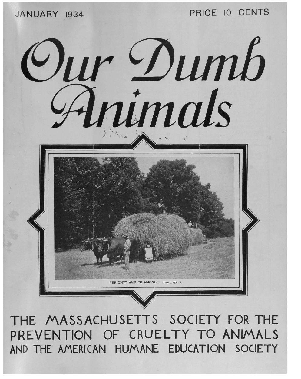 handle is hein.journals/animals67 and id is 1 raw text is: PRICE 10 CENTS)u+alSInTHE  MASSACHUSETTS SOCIETY FOR THEPREVENTION OF CRUELTY TO ANIMALSAND THE AMERICAN HUMANE EDUCATION SOCIETYBRIGHT AND DIAMOND. (See page 4)WJANUARY 1934uln