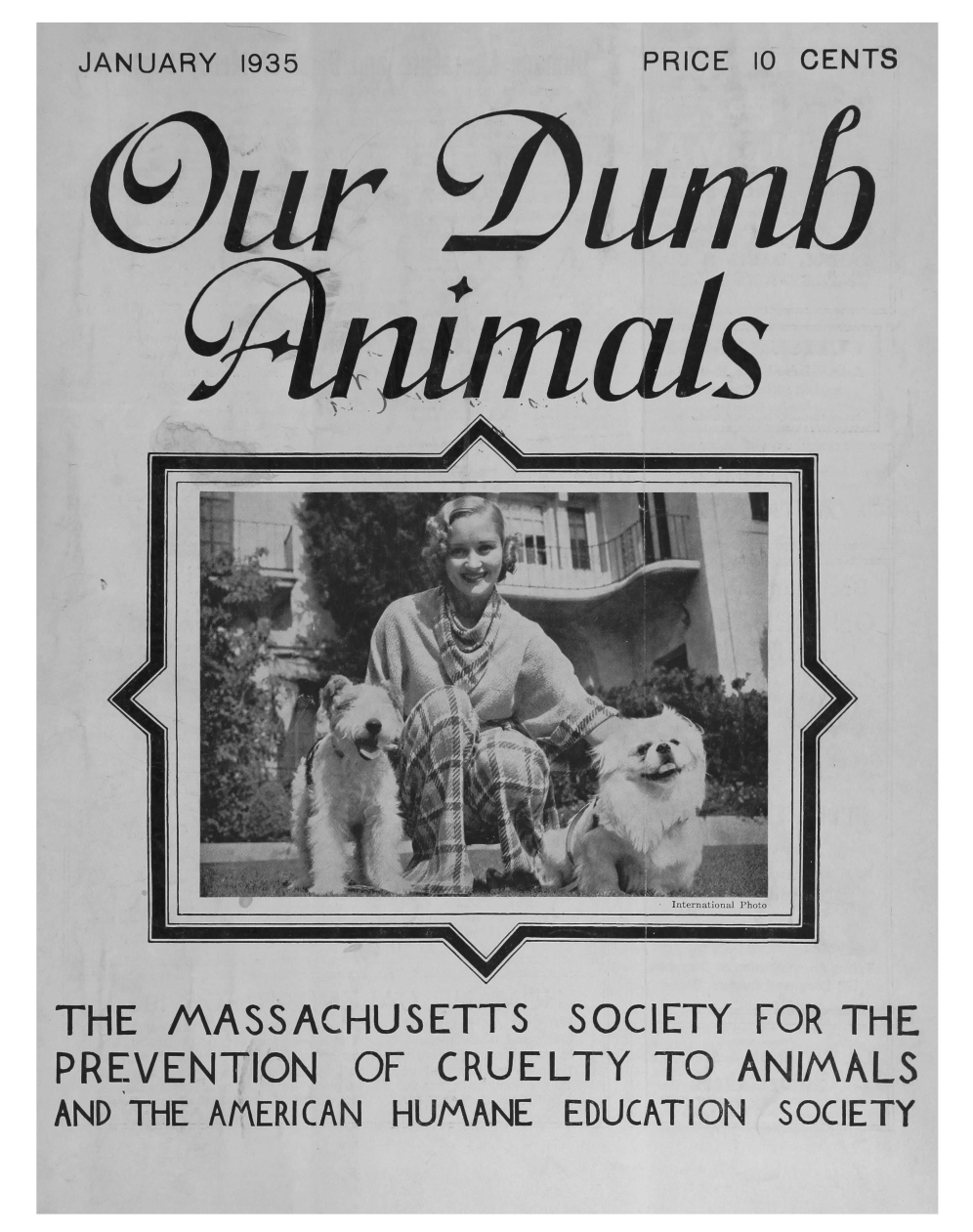 handle is hein.journals/animals68 and id is 1 raw text is: PRICE 10 CENTS)u+               alSI~1I-LL                    VITHE  MASSACHUSETTS   SOCIETY FOR THEPREVENTION  OF  CRUELTY  TO ANIMALSAND THE AMERICAN HUMANE EDUCATION SOCIETY'LI  IIv4f2l,~ a  -JANUARY 1935IIn rna(lna) Phwo