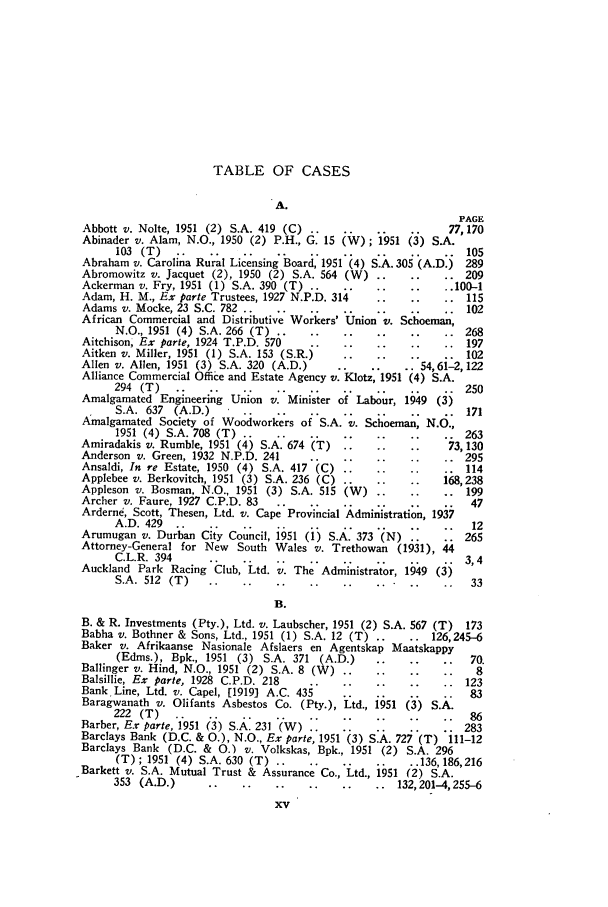 handle is hein.journals/assafl1951 and id is 17 raw text is: TABLE OF CASES

A.
PAGE
Abbott v. Nolte, 1951 (2) S.A. 419 (C) ..                        77, 170
Abinader v. Alam, N.O., 1950 (2) P.H., G. 15 (W); 1951 (3) S.A.
103 (T)    ..                .105
Abraham v. Carolina Rural Licensing Board, 1951 (4) S.A. 305 (A.D.) 289
Abromowitz v. Jacquet (2), 1950 (2) S.A. 564 (W) ..       ..        209
Ackerman v. Fry, 1951 (1) S.A. 390 (T)     .        ..    ..     .100-1
Adam, H. M., Ex parte Trustees, 1927 N.P.D. 314     .     ..    ..  115
Adams v. Mocke, 23 S.C. 782       ..          ..    ..              102
African Commercial and Distributive Workers' Union v. Schoeman,
N.O., 1951 (4) S.A. 266 (T) ..    ..    ..    ..    ..    .. 268
Aitchison, Ex parte, 1924 T.P.D. 570          ..    ..    ..    ..  197
Aitken v. Miller, 1951 (1) S.A. 153 (S.R.)    ..    ..              102
Allen v. Allen, 1951 (3) S.A. 320 (A.D.)              .    54,61-2, 122
Alliance Commercial Office and Estate Agency v. Klotz, 1951 (4) S.A.
294 (T)    ..    ..    ..    ..    .
Amalgamated Engineering Union v. Minister of Labour, 1949 (3) 250
S.A. 637 (A.D.)                                               171
Amalgamated Society of Woodworkers of S.A. v. Schoeman, N.O.,
1951 (4) S.A. 708 (T) ...                        ..       .. 263
Amiradakis v. Rumble, 1951 (4) S.A. 674 (T)            ..        73,130
Anderson v. Green, 1932 N.P.D. 241               ..    .        .. 295
Ansaldi, In re Estate, 1950 (4) S.A. 417 (C) ..     ..              114
Applebee v. Berkovitch, 1951 (3) S.A. 236 (C) ..    ..          168,238
Appleson v. Bosman, N.O., 1951 (3) S.A. 515 (W) .... 199
Archer v. Faure, 1927 C.P.D. 83                                      47
Arderne, Scott, Thesen, Ltd. v. Cape Provincial Administration, 1937
A.D. 429   ....                                                12
Arumugan v. Durban City Council, 1951 (i) S.A~ 373 (N)             265
Attorney-General for New    South Wales v. Trethowan    (1931), 4   2
C.L.R. 394                  ..
Auckland Park Racing Club, Ltd. v. The Administrator, 1949 (3)
S.A. 512 (T)     ..    ..    ..   ..    ..    ..    ..    ..   33
B.
B. & R. Investments (Pty.), Ltd. v. Laubscher, 1951 (2) S.A. 567 (T)  173
Babha v. Bothner & Sons, Ltd., 1951 (1) S.A. 12 (T) ..    ..  126,245-6
Baker v. Afrikaanse Nasionale Afslaers en Agentskap Maatskappy
(Edms.), Bpk., 1951 (3) S.A. 371 (A.D.)       ..    ..    ..  70.
Ballinger v. Hind, N.O., 1951 (2) S.A. 8 (W) ..     ..    ..    ..    8
Balsillie, Ex parte, 1928 C.P.D. 218                                123
Bank Line, Ltd. v. Capel, [1919) A.C. 435     ..    ..    ..    ..   83
Baragwanath v. Olifants Asbestos Co. (Pty.), Ltd., 1951 (3) S.A.
222 (T)                                                        86.
Barber, Ex parte, 1951 (3) S.A* 231 ('W)            .           283
Barclays Bank (D.C. & 0.), N.O., Ex parte, 1951 (3) S.A. 727 (T) 111-12
Barclays Bank (D.C. & 0.) v. Volkskas, Bpk., 1951 (2) S.A. 296
(T) ; 1951 (4) S.A. 630 (T) ..    ...136,186,216
Barkett v. S.A. Mutual Trust & Assurance Co., Ltd., 1951 (2) S.A.
353 (A.D.)       ..    ..    ..    ..   ..    .. 132,201-4,255-6


