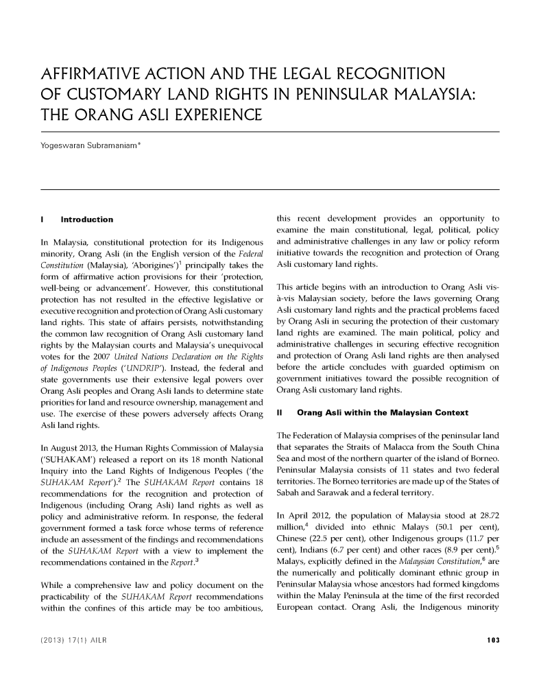 Affirmative Action And The Legal Recognition Of Customary Land Rights In Peninsular Malaysia The Orang Asli Experience 17 Australian Indigenous Law Review 2013 2014