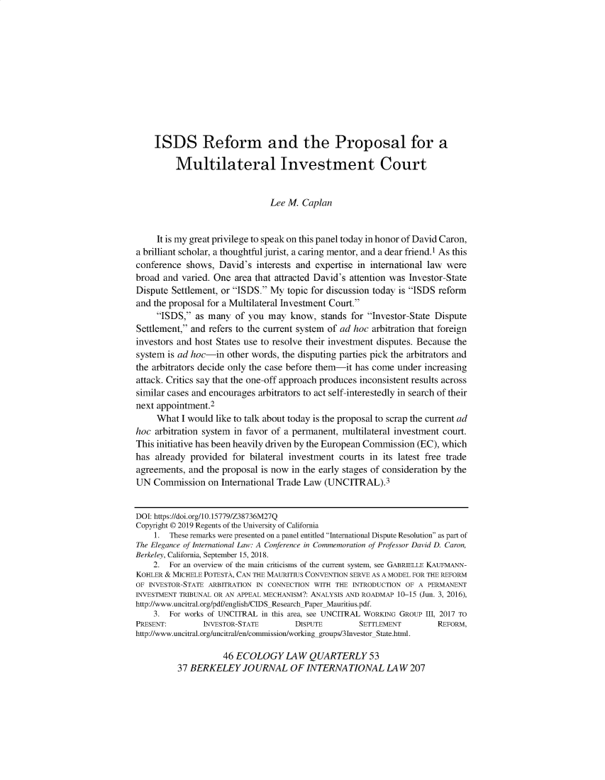 ISDS Reform and the Proposal for a Multilateral Investment Court 37