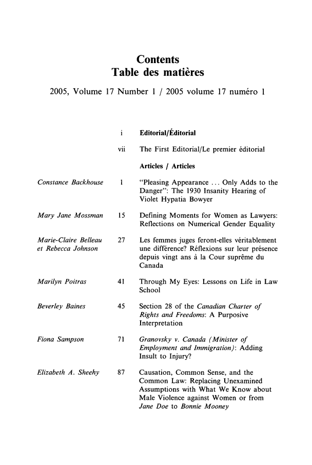 handle is hein.journals/cajwol17 and id is 1 raw text is: Contents
Table des mati res
2005, Volume 17 Number 1 / 2005 volume 17 num&ro 1
i    Editorial/Editorial
vii   The First Editorial/Le premier &ditorial
Articles / Articles

Constance Backhouse
Mary Jane Mossman
Marie-Claire Belleau
et Rebecca Johnson
Marilyn Poitras
Beverley Baines
Fiona Sampson
Elizabeth A. Sheehy

1    Pleasing Appearance ... Only Adds to the
Danger: The 1930 Insanity Hearing of
Violet Hypatia Bowyer
15    Defining Moments for Women as Lawyers:
Reflections on Numerical Gender Equality
27    Les femmes juges feront-elles v&itablement
une diff6rence? R6flexions sur leur pr6sence
depuis vingt ans A la Cour supreme du
Canada
41    Through My Eyes: Lessons on Life in Law
School
45    Section 28 of the Canadian Charter of
Rights and Freedoms: A Purposive
Interpretation
71    Granovsky v. Canada (Minister of
Employment and Immigration): Adding
Insult to Injury?
87    Causation, Common Sense, and the
Common Law: Replacing Unexamined
Assumptions with What We Know about
Male Violence against Women or from
Jane Doe to Bonnie Mooney


