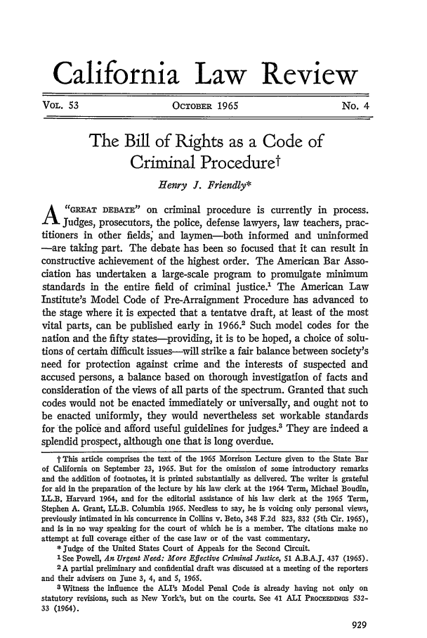 The Bill Of Rights As A Code Of Criminal Procedure 53 California Law Review 1965