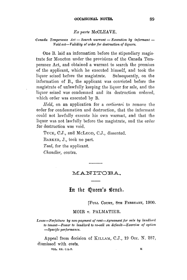Occasional Notes Manitoba 20 Canadian Law Times 1901