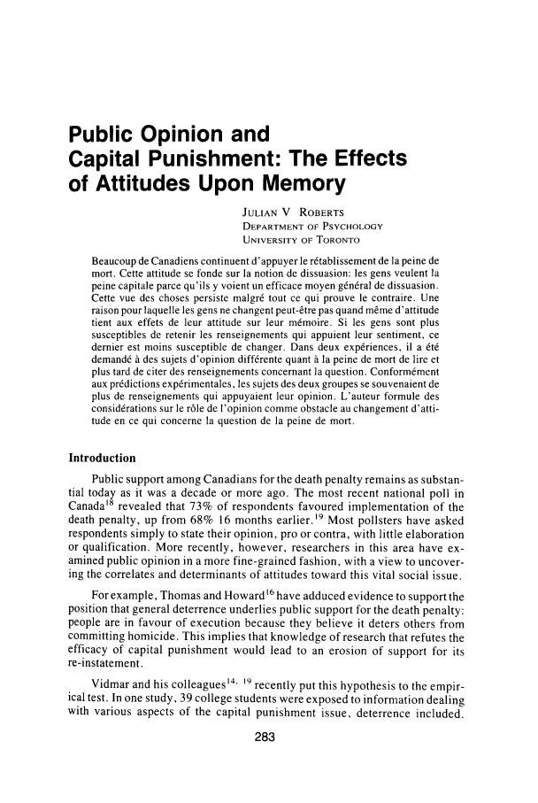 Public Opinion and Capital Punishment: The Effects of Attitudes upon Memory 26 Canadian Journal ...