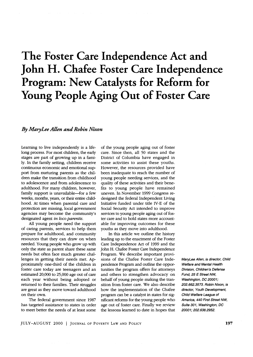 Foster Care Independence Act And John H Chafee Foster