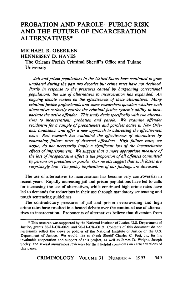 Probation and Parole Public Risk and the Future of Incarceration