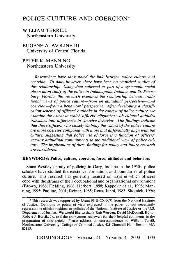 Police Culture and Coercion 41 Criminology 2003