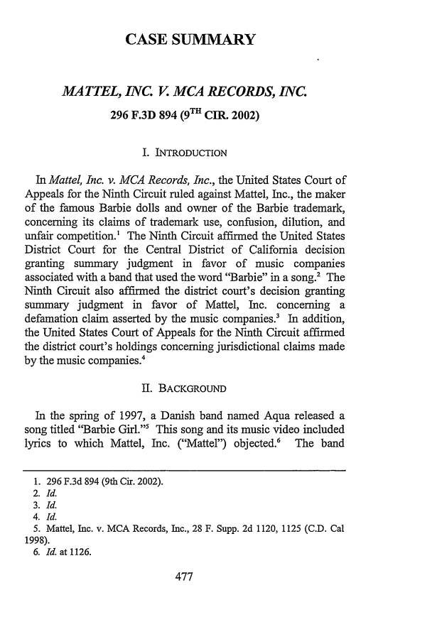 Mattel Inc V Mca Records Inc 296 F 3d 9th Cir 2002 Case