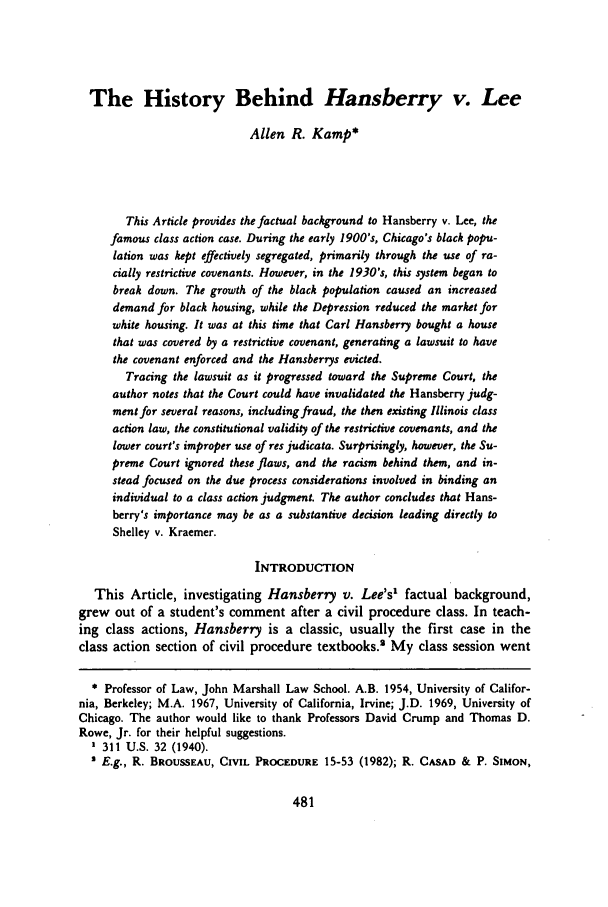 The History behind Hansberry v Lee 20 U C Davis Law Review 1986 1987 The History behind Hansberry v Lee 20 U C Davis Law Review 1986 1987