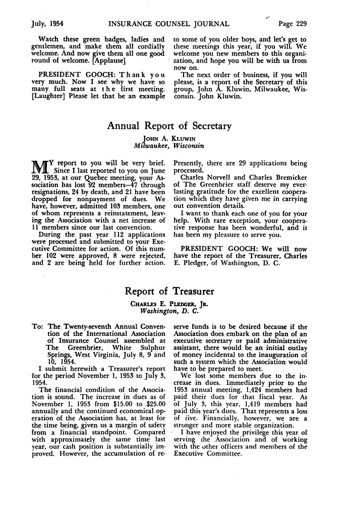 Annual Report of Secretary Report 21 Insurance Counsel Journal 1954
