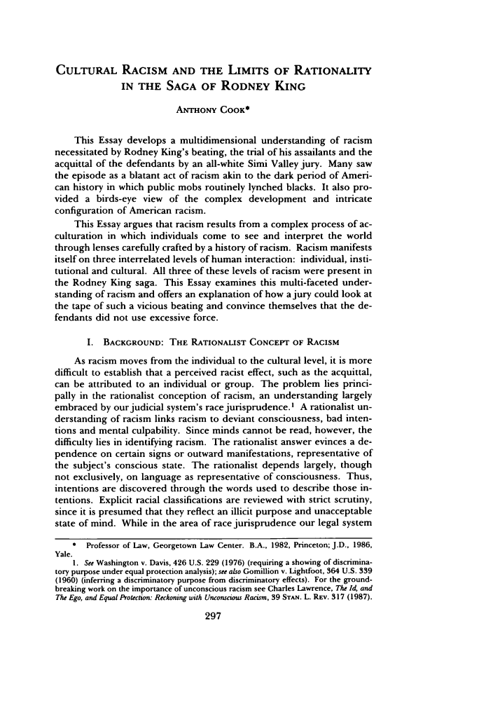 Cultural Racism and the Limits of Rationality in the Saga of Rodney