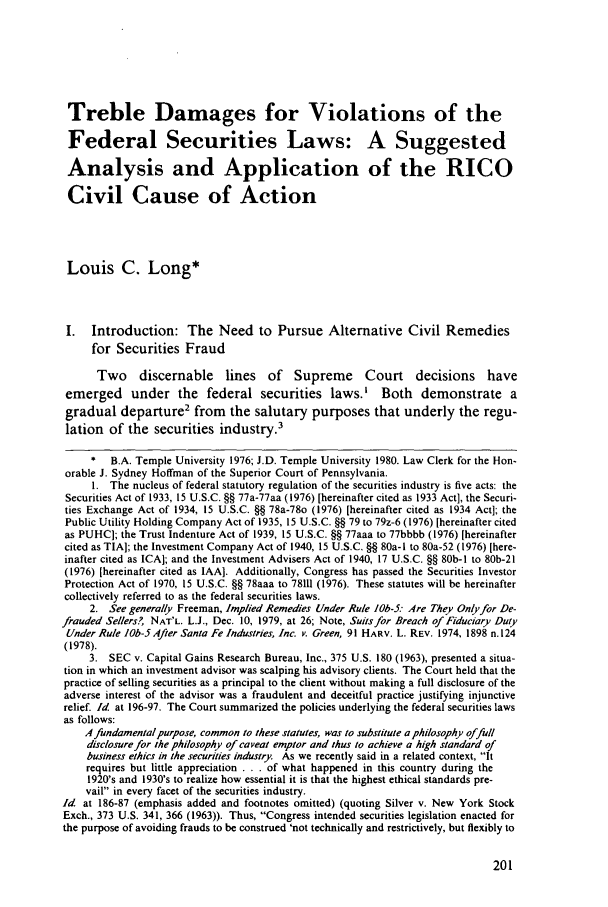 Treble Damages for Violations of the Federal Securities Laws A