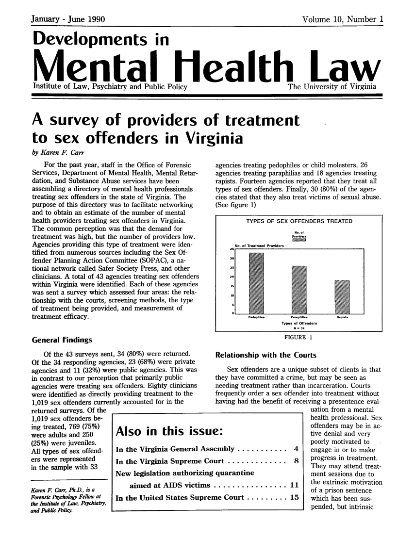 handle is hein.journals/dvmnhlt10 and id is 1 raw text is: Developments in
Mental Health Law
Institute of Law, Psychiatry and Public Policy  The University of Virginia

A survey of providers of treatment
to sex offenders in Virginia
by Karen F. Carr

For the past year, staff in the Office of Forensic
Services, Department of Mental Health, Mental Retar-
dation, and Substance Abuse services have been
assembling a directory of mental health professionals
treating sex offenders in the state of Virginia. The
purpose of this directory was to facilitate networking
and to obtain an estimate of the number of mental
health providers treating sex offenders in Virginia.
The common perception was that the demand for
treatment was high, but the number of providers low.
Agencies providing this type of treatment were iden-
tified from numerous sources including the Sex Of-
fender Planning Action Committee (SOPAC), a na-
tional network called Safer Society Press, and other
clinicians. A total of 43 agencies treating sex offenders
within Virginia were identified. Each of these agencies
was sent a survey which assessed four areas: the rela-
tionship with the courts, screening methods, the type
of treatment being provided, and measurement of
treatment efficacy.
General findings
Of the 43 surveys sent, 34 (80%) were returned.
Of the 34 responding agencies, 23 (68%) were private
agencies and 11 (32%) were public agencies. This was
in contrast to our perception that primarily public
agencies were treating sex offenders. Eighty clinicians
were identified as directly providing treatment to the
1,019 sex offenders currently accounted for in the
returned surveys. Of the
1,019 sex offenders be-
ing treated, 769 (75%)
were adults and 250     Also     in   this    is
(25%) were juveniles.
All types of sex offend-  In the Virginia General
ers were represented    In the Virginia Supreme
in the sample with 33

Karen F. Can, Ph.D., is a
Forensic Psychology Fellow at
the Institute of Law, Psychiatry,
and Public Policy.

New legislation autnorh
aimed at AIDS victi
In the United States Su]

SU
Ass
Co
zing
ms
prei

agencies treating pedophiles or child molesters, 26
agencies treating paraphilias and 18 agencies treating
rapists. Fourteen agencies reported that they treat all
types of sex offenders. Finally, 30 (80%) of the agen-
cies stated that they also treat victims of sexual abuse.
(See figure 1)
TYPES OF SEX OFFENDERS TREATED
No. of
Provld.m
No. of Tretmeni Providers
30
25
20
15
I0
Pedephlles  P-raphillls   R.pI.1.
Types of Offenders
N  34
FIGURE 1
Relationship with the Courts
Sex offenders are a unique subset of clients in that
they have committed a crime, but may be seen as
needing treatment rather than incarceration. Courts
frequently order a sex offender into treatment without
having had the benefit of receiving a presentence eval-
uation from a mental
health professional. Sex
offenders may be in ac-
e:                           tive denial and very
poorly motivated to
embly ............ 4        engage in or to make
urt ............. 8         progress in treatment.
They may attend treat-
quarantine                  ment sessions due to
.. 1                        the extrinsic motivation
of a prison sentence
ne Court ......... .15      which has been sus-
pended, but intrinsic

January - June 1990

Volume 10, Number 1


