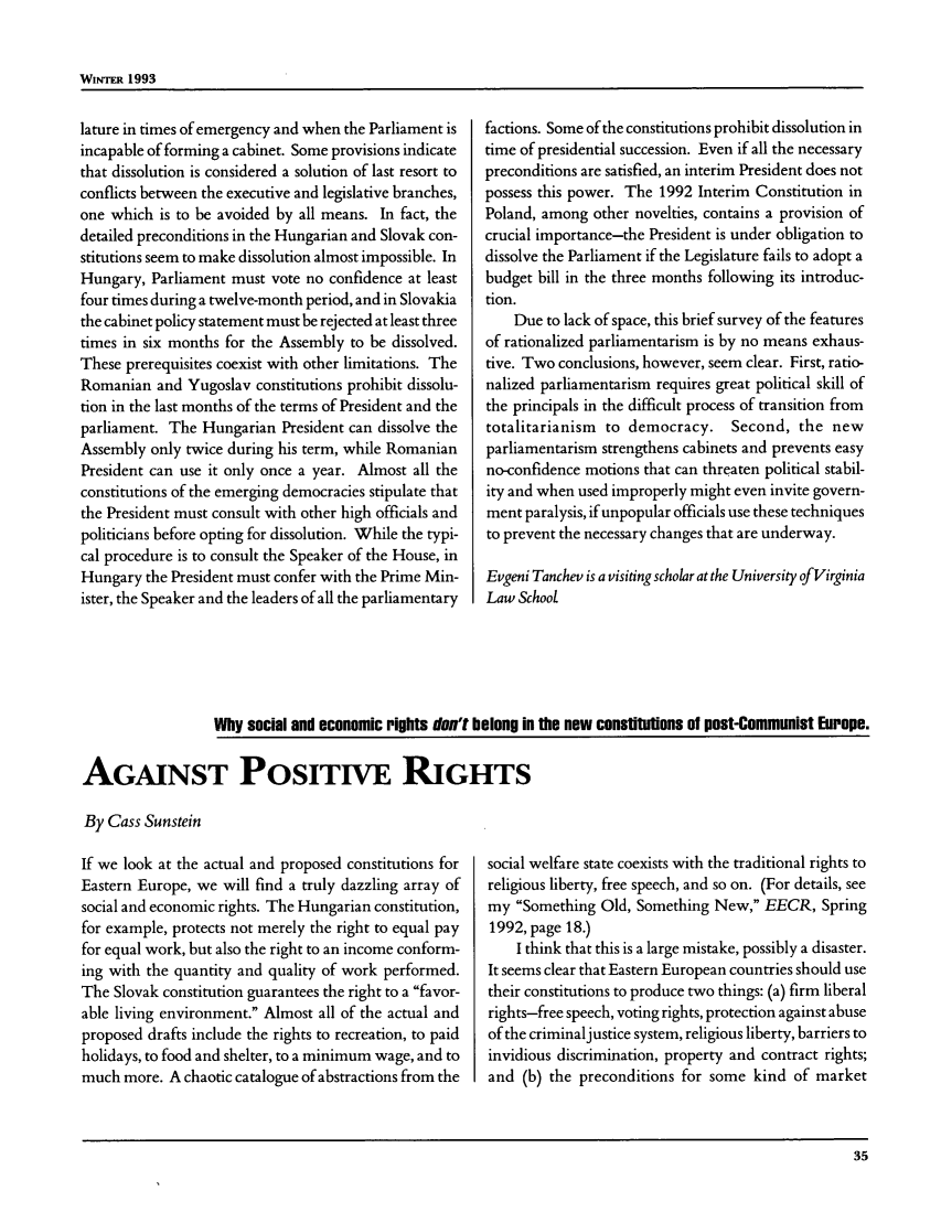 Against Positive Rights Feature 2 East European Constitutional Review 1993