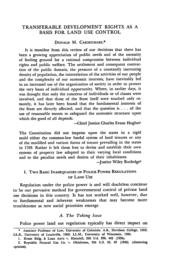 Transferable Development Rights As A Basis For Land Use Control 2 Florida State University Law