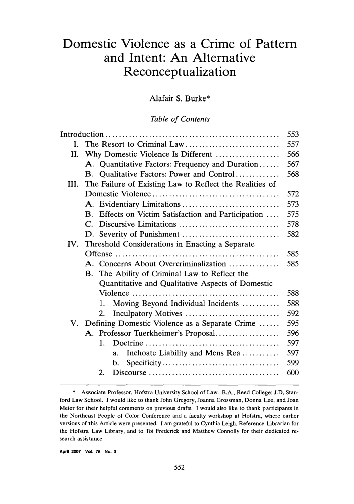 Domestic Violence as a Crime of Pattern and Intent An Alternative