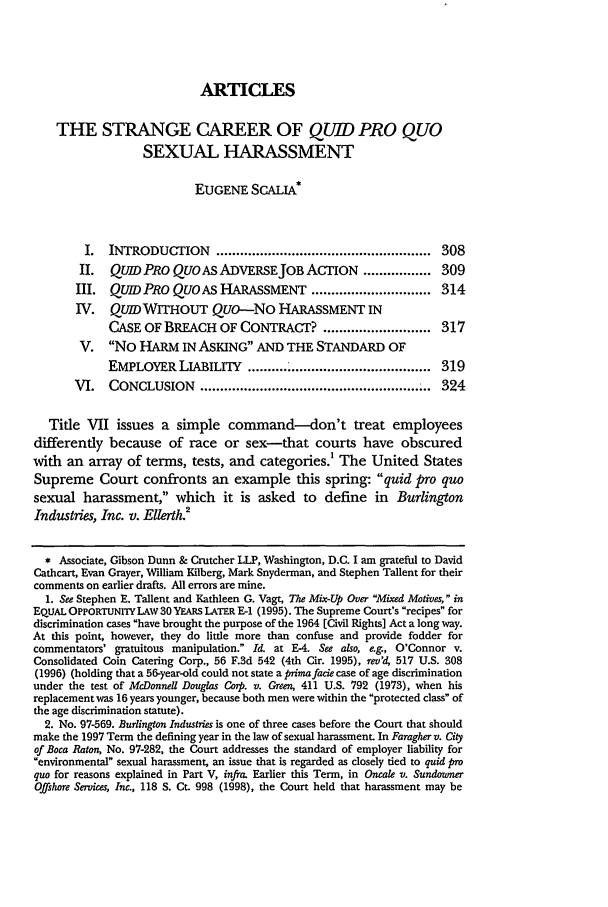 Strange Career Of Quid Pro Quo Sexual Harassment The 21 Harvard Journal Of Law Public Policy 1997 1998