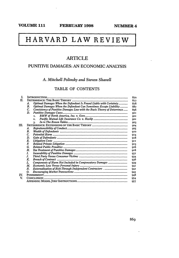 Punitive Damages An Economic Analysis 111 Harvard Law