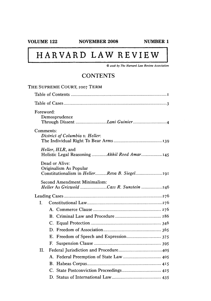 handle is hein.journals/hlr122 and id is 1 raw text is: HARVARD LAW REVIEWC 2oo8 by The Harvard Law Review AssociationCONTENTSTHE SUPREME COURT, 2007 TERMTable of Contents ...................................................................................1Table of Cases ........................................................................................3Foreword:DemosprudenceThrough Dissent ...........................Lani Guinier.............................4Comments:District of Columbia v. Heller:The Individual Right To Bear Arms ......................................139Heller, HLR, andHolistic Legal Reasoning .............Akhil Reed Amar..................145Dead or Alive:Originalism As PopularConstitutionalism in Heller..........Reva B. Siegel.......................191Second Amendment Minimalism:Heller As Griswold .......................Cass R. Sunstein ..................246Leading Cases .....................................................................................276I.   C onstitutional  L aw .................................................................276A. Commerce Clause ........................................................... 276B. Criminal Law and Procedure ........................................ 286C. Equal Protection ............................................................. 346D. Freedom of Association.................................................. 365E. Freedom of Speech and Expression............. 375F.  Suspension   Clause  .................................................. ....  395II.  Federal Jurisdiction and Procedure......................................405A. Federal Preemption of State Law ................................. 405B. Habeas Corpus................................................................ 415C. State Postconviction Proceedings.................................. 425D. Status of International Law................... 435VOLUME 122NOVEMBER 2008NUMBER 1