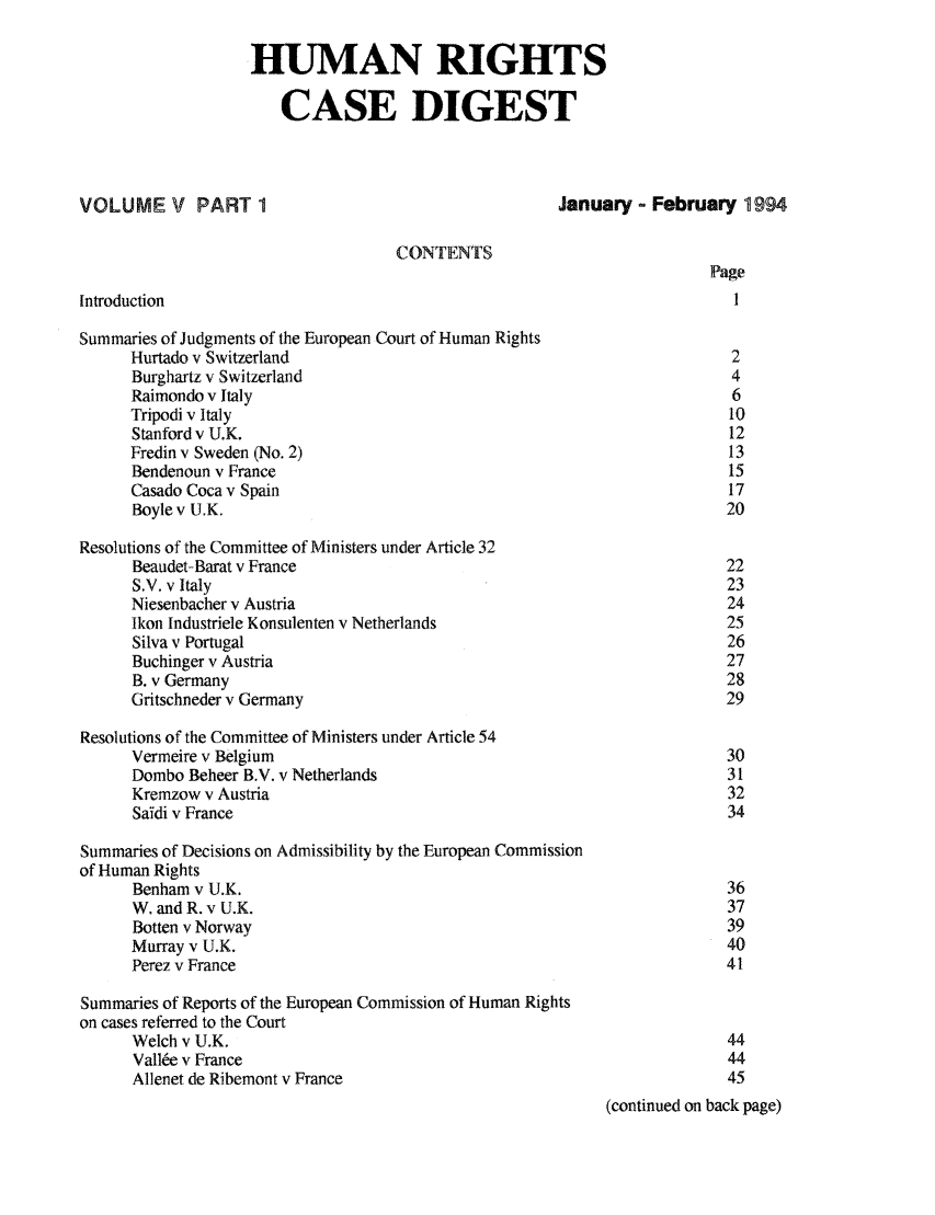 Table Of Contents Part 1 5 Human Rights Case Digest 1994