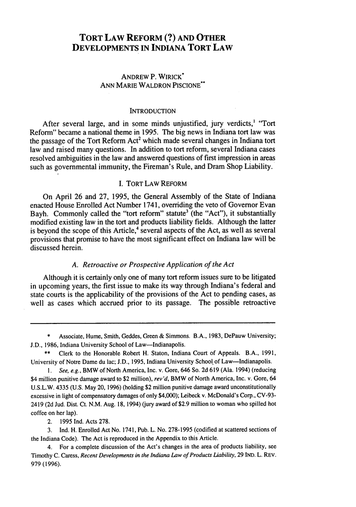 Tort Law Reform And Other Developments In Indiana Tort